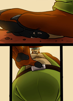 anthro black_clothing black_pawpads black_topwear bottomwear brown_body claws clothed clothing duo finger_claws fingerpads front_view green_bottomwear green_clothing grey_claws licking licking_lips licking_own_lips looking_at_viewer low-angle_view macro male male_anthro male_human mouth_closed pawpads pink_tongue simple_background tan_background tan_body toe_claws tongue tongue_out topwear wearing_goggles solaxe_(artist) human kangaroo macropod mammal marsupial comic