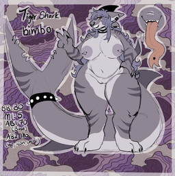 accessory anthro areola belly big_areola big_breasts big_nipples big_tail black_lipstick breasts claws countershade_torso countershading curvy_figure elbow_fin eyebrows facial_piercing female female_anthro fin fin_piercing finger_claws fingers forked_tongue front_view furgonomic_piercing furgonomics genitals grey_areola grey_body grey_nipples hair hand_on_hip huge_tail huge_thighs leg_markings lipstick long_hair long_tongue makeup markings mature_anthro mature_female multicolored_body navel nipple_dip nipple_piercing nipples non-mammal_breasts non-mammal_navel non-mammal_nipples nose_piercing nose_ring nude nude_anthro nude_female overweight overweight_anthro overweight_female piercing ring_piercing septum_piercing septum_ring sharp_teeth smile solo spiked_tailband tail tail_accessory tail_fin tail_markings tail_piercing tailband teeth text thick_thighs thigh_markings tongue voluptuous voluptuous_anthro voluptuous_female vulva wide_hipped_anthro wide_hipped_female wide_hips kr4mpusk aquatic fish requiem_shark shark tiger_shark 2024 digital_drawing_(artwork) digital_media_(artwork) english_text full-length_portrait hi_res model_sheet portrait