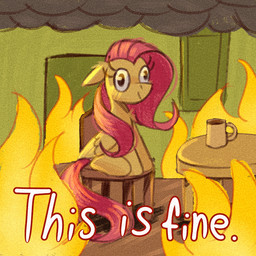 caption chair coffee_mug eyelashes female feral fire fur furniture hair house_fire pink_hair sitting smoke solo table wide_eyed wings yellow_body yellow_fur candy_meow candymeow333 friendship_is_magic hasbro my_little_pony mythology this_is_fine fluttershy_(mlp) equid equine mammal mythological_creature mythological_equine pegasus 1:1 hi_res meme