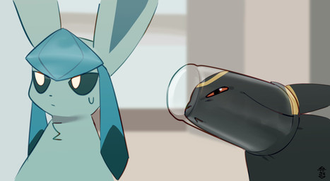 ambiguous_gender black_body black_ears black_eyes black_fur blue_body blue_ears blue_fur bodily_fluids container cup duo feral fur glass glass_container glass_cup red_sclera stuck sweat sweatdrop yellow_body yellow_fur yuureii nintendo pokemon eeveelution generation_2_pokemon generation_4_pokemon glaceon pokemon_(species) umbreon 2024 hi_res