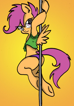 2013 anibaruthecat clothed clothing colored cub dancing equine female friendship_is_magic gradient_background hair horse looking_at_viewer mammal monochrome my_little_pony pegasus pole pole_dancing pony scootaloo_(mlp) skimpy smile solo toony wings young
Rating: Questionable
Score: 12
User: Latios69
Date: December 21, 2013