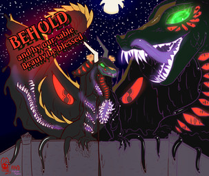 ambiguous_gender bodily_fluids body_horror castle fantasy flower glowing glowing_eyes goo_drip horn macro multi_eye multi_mouth plant saliva teeth impishhyena succubusbnny mythology selene_(impishhyena) sophia_(succubusbnny) dragon goo_creature mythological_creature mythological_scalie scalie absurd_res hi_res