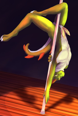 anthro genitals green_body green_scales male multi_genitalia multi_penis penis pole scales solo stripper_pole white_body white_scales eldingo ryukashi scalie absurd_res hi_res