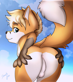 anthro anus backsack balls blonde_hair blue_eyes butt claws closed_smile cloud countershade_butt countershade_face countershade_fur countershade_torso countershading dipstick_tail finger_claws fur genitals gloves_(marking) hair hand_on_butt looking_at_viewer looking_back looking_back_at_viewer male male_anthro markings mouth_closed nude_anthro nude_male orange_body orange_fur penis perineum presenting presenting_hindquarters sky smile solo tail tail_markings young young_anthro young_male smoothlabs tycloud canid canine fox mammal red_fox true_fox colored digital_media_(artwork) hi_res shaded signature