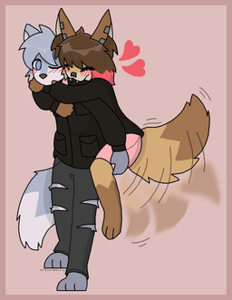 anthro bite biting_another biting_partner black_clothing black_jacket black_topwear blue_body blue_eyes blue_fur blush border bottomwear brown_hair carrying_another clothing duo facial_piercing femboy fur grey_bottomwear grey_clothing grey_pants hair heart_symbol hug jacket kerchief male male/male neckerchief neckwear nose_piercing pants piercing piggyback pink_bottomwear pink_clothing pink_kerchief pink_neckerchief pink_shorts red_border romantic romantic_couple shorts shoulder_bite tail tail_motion tailwag tan_body tan_fur topwear torn_bottomwear torn_clothing torn_pants white_body white_fur ashblondekittyy ira_(ashblondekitty) sven_(ashblondekitty) arctic_fox canid canine fennec_fox fox mammal true_fox