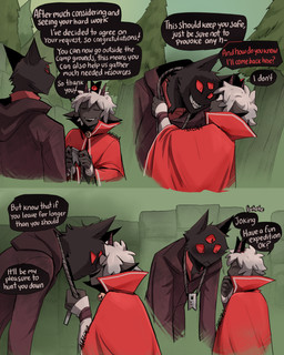 3_eyes ambiguous_anthro ambiguous_gender anthro black_body black_fur dialogue duo eye_contact fur grin looking_at_another male male_anthro multi_eye outside plant red_eyes sharp_teeth smile speech_bubble teeth text tree aveloka cult_of_the_lamb massive_monster_(studio) lamb_(cult_of_the_lamb) narinder bovid caprine domestic_cat felid feline felis mammal sheep 2024 comic digital_drawing_(artwork) digital_media_(artwork) english_text hi_res redraw