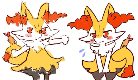 ambiguous_anthro ambiguous_gender anthro biped blush bodily_fluids closed_smile dipstick_tail duo embarrassed flying_sweatdrops food front_view left_hand_drawing markings mouth_closed object_in_tail shrimp_(food) simple_background smile snout standing sweat sweatdrop tail tail_markings wavy_mouth annyui0611 nintendo pokemon braixen canid generation_6_pokemon mammal pokemon_(species) 2022 digital_drawing_(artwork) digital_media_(artwork) hi_res japanese_description portrait three-quarter_portrait translated_description