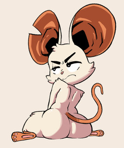 anthro big_ears black_eyes butt female frown fur half-closed_eyes mouth_closed narrowed_eyes nude on_ground paws pink_nose rear_view simple_background sitting solo tail toony white_background white_body white_fur bav mina_the_hollower yacht_club_games mina_(mina_the_hollower) mammal mouse murid murine rodent full-length_portrait portrait