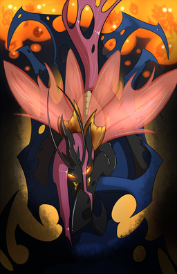 antennae_(anatomy) black_body fangs female glowing glowing_eyes gradient_background hair insect_wings orange_eyes pink_hair simple_background teeth wings edgarkingmaker friendship_is_magic hasbro mlp_g4 my_little_pony fan_character arthropod changeling_(mlp) insect hi_res