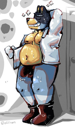 anthro black_clothing black_nose black_underwear blue_body blue_fur bodily_fluids boots bulge clothed clothing eyes_closed footwear fur hand_behind_head jacket male open_clothing open_jacket open_topwear shoes slightly_chubby slightly_chubby_anthro slightly_chubby_male smile solo standing sweat sweatdrop topwear underwear white_clothing white_jacket white_topwear olifawn bluey_(series) bandit_heeler australian_cattle_dog canid canine canis cattledog domestic_dog herding_dog mammal pastoral_dog 2025 english_description hi_res