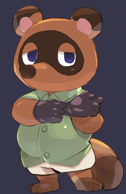 anthro blue_eyes bottomwear brown_body chibi clothing gloves handwear humanoid_hands kemono male shirt shorts simple_background slightly_chubby solo topwear masshiro animal_crossing nintendo tom_nook_(animal_crossing) canid canine mammal raccoon_dog tanuki 2022