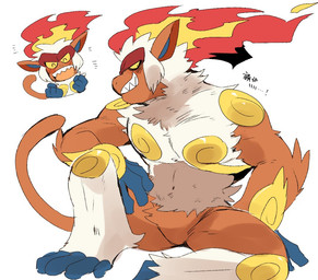 anthro biped blush featureless_crotch fire flaming_hair fur grin male muscular muscular_anthro muscular_male pecs pseudo_hair smile solo text hyaku_(artist) nintendo pokemon generation_4_pokemon haplorhine infernape mammal monkey pokemon_(species) primate japanese_text translation_request