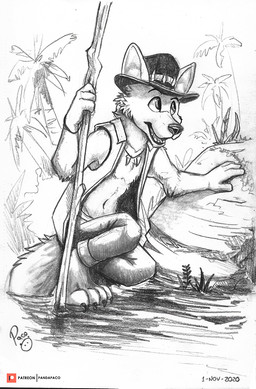 anthro bottomwear clothed clothing crouching hat headgear headwear jewelry logo male male_anthro navel necklace open_clothing open_mouth open_smile open_topwear open_vest pants patreon_logo smile solo topwear vest pandapaco patreon canid canine mammal 2020 artist_logo dated hi_res signature spot_color
