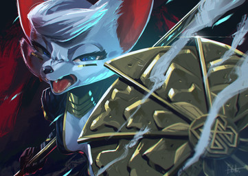 anthro black_nose blood blue_eyes bodily_fluids breasts cheek_tuft chest_tuft clothed clothing eyelashes facial_tuft fangs female fingers fur hair half-closed_eyes holding_object looking_at_viewer markings narrowed_eyes open_mouth shadow shield skinsuit smoke smoking solo teeth tight_clothing tongue tuft white_body white_fur white_hair el-k crown_(el-k) canid canine canis fox mammal digital_media_(artwork) hi_res shaded