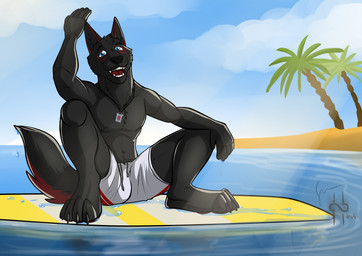anthro black_body black_fur black_nose black_tail blue_eyes blue_sky clothed clothing cloud day fangs front_view fur glistening glistening_eyes jewelry looking_at_viewer male male_anthro necklace open_mouth open_smile outside palm_tree plant red_tail sitting sky slim_anthro slim_male smile solo tail teeth topless tree water hufnaar canid canine mammal 2014 absurd_res dated hi_res