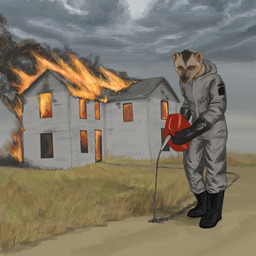 ambiguous_gender anthro arson biped black_body black_boots black_clothing black_footwear black_fur black_gloves black_handwear boots brown_body brown_fur brown_inner_ear_fluff brown_sclera burning_building clothing cloud criminal fire footwear fur gas_can gas_canister gasoline gloves grass grey_jumpsuit handwear inner_ear_fluff jumpsuit outside overcast plant pouring_liquid protective_suit pupils shoes sky slit_pupils smoke solo standing tuft avianvevo badger mammal mustelid musteline 1:1 2026 better_version_at_source digital_drawing_(artwork) digital_media_(artwork) hi_res shaded