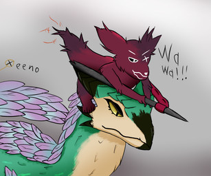 ambiguous_gender beak duo feathers feral fur horn melee_weapon paws polearm red_body red_fur scales scar sparks spear tail text weapon yellow_eyes xeeno capcom monster_hunter rain_world videocult artificer_(rain_world) bird_wyvern seikret slugcat 6:5