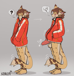 ahoge anthro balls big_balls big_penis blush bodily_fluids bottomless brown_hair clothed clothing countershading covering covering_crotch covering_penis ear_piercing foreskin fur gauged_ear genital_fluids genitals hair humanoid_genitalia humanoid_penis jacket jacket_only looking_at_viewer male pantsless penis piercing precum presenting presenting_penis saggy_balls solo tan_body tan_fur topwear topwear_only whistling yellow_body yellow_fur k0moya will_(k0moya) felid feline mammal serval hi_res
