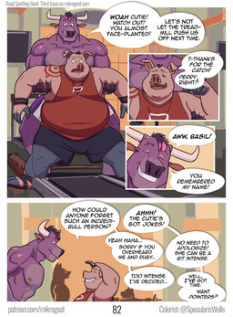 anthro barefoot bottomwear brown_hair clothed clothed_anthro clothed_male clothing cloven_hooves dialogue duo feet fur grey_body grey_fur hair hooves horn humor male muscular muscular_anthro muscular_male overweight overweight_anthro overweight_male pink_body pink_skin pun shirt shorts speech_bubble tank_top teeth text topless topless_anthro topless_male topwear treadmill mikrogoat basil_(mikrogoat) perry_(mikrogoat) bovid bovine cattle domestic_pig mammal suid suine sus_(pig) comic english_text hi_res url nonbinary_(lore)