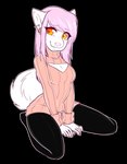 anthro biped black_bottomwear black_clothing black_pants bottomwear breasts cleavage cleavage_cutout clothed clothing cutout ear_piercing eyebrow_through_hair eyebrows female fully_clothed hair keyhole_turtleneck kneeling long_hair looking_at_viewer orange_eyes pants piercing pink_hair pink_nose scene_haircut simple_background solo sweater tail topwear translucent translucent_hair transparent_background turtleneck zyira mammal 2015 alpha_channel digital_media_(artwork) hi_res