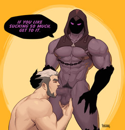 5_fingers abs balls black_face black_hands black_legs bodily_fluids brown_clothing claws clothing demanding dialogue dialogue_box duo eyebrows fellatio fingers fire genitals grey_eyebrows grey_hair hair hand_on_balls hand_on_hair hand_on_head hand_on_leg hand_on_thigh holding_balls hood human_on_humanoid human_penetrated humanoid_genitalia humanoid_penetrating humanoid_penetrating_human humanoid_penis interspecies leather leather_clothing looking_at_another looking_at_genitalia looking_at_partner looking_down male male/male male_penetrated male_penetrating male_penetrating_male muscular muscular_arms muscular_human muscular_humanoid muscular_male muscular_thighs narrowed_eyes nipple_chain nipple_piercing nipples oral oral_penetration orange_background pecs penetration penile penile_penetration penis piercing pubes purple_balls purple_body purple_eyes purple_penis purple_skin red_eyes sex shoulder_pads simple_background sweat sweaty_head text thick_thighs helbram death_(helbram) henri_(helbram) demon human humanoid mammal vampire censored digital_media_(artwork) english_text hi_res mosaic_censorship signature