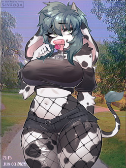 accessory alternative_fashion anthro big_breasts big_ears bodily_fluids bone bottomwear breasts candy clothing collar cowbell crop_top dessert drooling ear_piercing female fishnet_clothing fishnet_legwear floppy_ears food furgonomics goth green_eyes hair hand_behind_back legwear licking lollipop looking_at_viewer nipple_outline park piercing saliva saliva_string seductive shirt shorts skull slightly_chubby slightly_chubby_anthro slightly_chubby_female small_waist snout solo tail tail_accessory tail_tuft teal_hair thick_thighs thigh_highs tongue tongue_out topwear tuft wide_hips sinsoda mumei_(mootsncompany) bovid bovine cattle holstein_friesian_cattle mammal 3:4 absurd_res hi_res