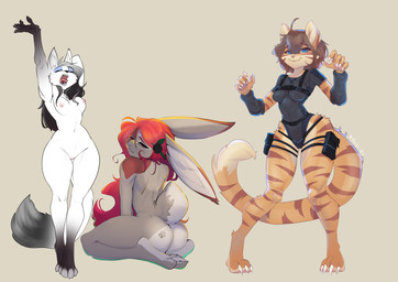 ahoge anthro areola blue_eyes breasts butt clothed clothing eyes_closed eyeshadow feet female fingers fur genitals group hair half-closed_eyes harness leotard looking_at_viewer makeup narrowed_eyes nipples nude open_mouth simple_background sitting smile stretching stripes tail tight_clothing toes tongue tongue_out trio vulva synnfultiger synn_(synnfultiger) domestic_cat felid feline felis lagomorph leporid mammal pantherine rabbit tiger digital_media_(artwork) hi_res