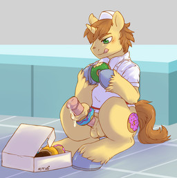 animal_genitalia animal_penis balls bodily_fluids brown_body brown_fur brown_hair butt clothed clothing cutie_mark dessert doughnut doughnut_fucking doughnut_on_penis equine_genitalia equine_penis erection feral food food_fetish food_on_penis food_play fur genital_fluids genitals green_eyes hair hat headgear headwear hooves horn improvised_sex_toy inside licking licking_lips licking_own_lips male partially_clothed pastry penetrable_sex_toy penis precum precum_on_food self_lick sex_toy shirt smile solo sprinkles tail tongue tongue_out topwear aries84 friendship_is_magic hasbro my_little_pony mythology donut_joe_(mlp) equid equine mammal mythological_creature mythological_equine unicorn hi_res source_request