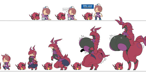 ambiguous_gender antennae_(anatomy) anthro big_breasts big_butt black_body body_size_growth breast_expansion breast_growth breasts butt butt_expansion duo expansion female feral growth hip_expansion hooves huge_breasts markings nude nude_anthro nude_female purple_markings red_body sitting size_transformation species_transformation standing tail tail_growth text thigh_expansion transformation transformation_sequence yellow_sclera casualdemo nintendo pokemon pokemon_pokopia ditto_(pokopia) ditto_(pokemon) generation_1_pokemon generation_5_pokemon humanoid pokemon_(species) scolipede venipede 2026 absurd_res comic english_text hi_res
