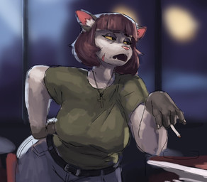anthro belt bottomwear breasts cigarette claws clothing cross denim denim_bottomwear denim_clothing eyeshadow female hair jeans jewelry makeup necklace pants scar solo teeth redustheriotact felid feline mammal 2026 hi_res unfinished