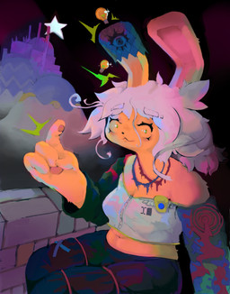 anthro belly bottomwear breasts clothing detailed_background female landscape_background midriff navel off-shoulder_top pants slightly_chubby solo sweatpants rosiamn io_(rosiamn) lagomorph leporid mammal rabbit hi_res