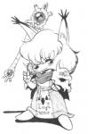 anthro cape clothed clothing fangs female fur hair looking_at_viewer simple_background solo teeth unknown_artist sega shining_(sega) shining_force alef_(shining) canid canine fox mammal concept_art digital_media_(artwork) monochrome official_art traditional_media_(artwork)