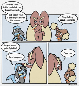 ambiguous_gender angry anthro crossed_arms dialogue female glaring_at_another group kerchief male profanity scarf smile smiling_at_another speech_bubble text caffeinerabbit nintendo pokemon pokemon_mystery_dungeon spike_chunsoft benji_(caffeinerabbit) finn_(caffeinerabbit) latte_(caffeinerabbit) buneary generation_4_pokemon lopunny pokemon_(species) riolu comic english_text hi_res meme