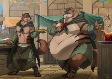 anthro belly big_belly brown_body brown_fur chicken_meat clothed clothing dagger detailed_background digitigrade duo eating food fur huge_belly male meat medieval_clothing melee_weapon moobs morbidly_obese morbidly_obese_male muscular muscular_male obese obese_male open_mouth overweight overweight_male saber size_difference smile stuffing thick_arms thick_thighs weapon biglovealicia athdar baen_(nissandriver217) mammal mustelid 2022 absurd_res cel_shading digital_media_(artwork) hi_res shaded signature