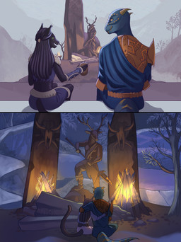 anthro armor day detailed_background duo female fire holding_object male male/female night outside plant rear_view sculpture shrine sitting smile snow statue tail tree fangsboi microsoft the_elder_scrolls argonian felid khajiit mammal scalie 2025 digital_media_(artwork) hi_res