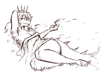 anthro areola areola_slip big_breasts breasts clothed clothed_anthro clothed_female clothing facial_horn female flower grass hair hands_behind_head horn long_hair looking_at_viewer lying non-mammal_breasts on_side plant pose shadow side_boob simple_background solo spiked_tail spikes spikes_(anatomy) tail tongue tongue_out white_background wind eddodoodle goodbye_volcano_high ko_op_(game_developer) rosa_(gvh) aquilops ceratopsian dinosaur marginocephalian ornithischian prehistoric_species reptile scalie absurd_res greyscale hi_res monochrome pinup shaded sketch