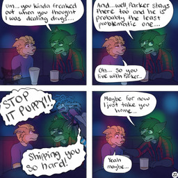 angry anthro at_table bdsm black_hair blonde_hair blue_clothing blue_eyes blue_shirt blue_topwear brown_eyes clothing collar container cup dialogue drinking_glass empty_glass eye_contact facial_scar flannel_shirt glass glass_container glass_cup group hair hand_on_shoulder inside jealous logo long_ears looking_at_another male nightclub page_number petplay pink_clothing pink_shirt pink_topwear roleplay scar shirt sitting spiked_collar spikes text topwear trio vest yelling kriek_wildebeest jeremy_(kriek_wildebeest) parker_(kriek_wildebeest) tom_(kriek_wildebeest) bird_dog border_collie canid canine canis cavalier_king_charles_spaniel collie domestic_dog herding_dog hunting_dog husky hybrid mammal nordic_sled_dog pastoral_dog sheepdog spaniel spitz toy_dog wolf 1:1 artist_logo comic english_text hi_res