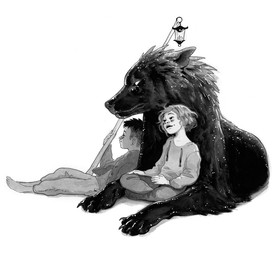 black_body black_fur clothed clothing fur group hoodie lamp lantern simple_background topwear white_background tamberella canid canine canis human mammal wolf 2019 monochrome traditional_media_(artwork)