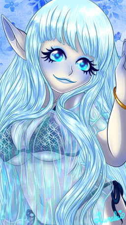 aether_the_lost aetheral_elf big_breasts bikini blue_blush blue_eyes blue_eyeshadow blue_lips blush bracelet breasts clothed clothing eyelashes eyeshadow female hair jewelry lips lipstick long_eyelashes long_hair looking_at_viewer lunar_elf makeup pale pale_skin simple_background solo swimwear text thick_thighs transparent_top two-piece_swimsuit white_hair lunalaimoonglow mythology vtuber aether humanoid mammal 2025 9:16 artist_name colored digital_drawing_(artwork) digital_media_(artwork) hi_res portrait shaded signature