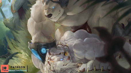 anthro barazoku claws duo fur genitals male male/male muscular muscular_anthro muscular_male nude penis size_difference text white_body white_fur renoky league_of_legends riot_games tencent rengar_(lol) volibear bear felid lion mammal pantherine polar_bear ursine hi_res url