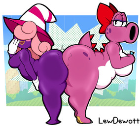 accessory anthro big_butt blush bodily_fluids bow_ribbon breasts bubble_butt butt butt_press butt_squish clothing duo female female/female gloves hair hair_accessory hair_bow hair_ribbon handwear hat headgear headwear looking_at_viewer not_furry pink_body pink_hair purple_body ribbons simple_background siphon_(anatomy) slightly_chubby squish sweat tail text thick_thighs wide_hips lewdewott mario_bros nintendo paper_mario paper_mario:_the_thousand_year_door birdo_(character) vivian_(mario) birdo ghost humanoid reptile scalie shadow_siren spirit digital_media_(artwork) hi_res trans_(lore) trans_woman_(lore)