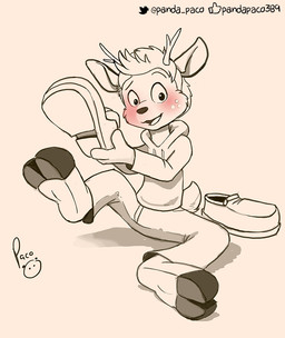 anthro antlers barefoot blush bottomwear clothed clothing feet hair hoodie horn logo looking_at_viewer male open_mouth open_smile pants short_hair simple_background sitting smile solo spread_legs spreading topwear young young_anthro young_male pandapaco deer mammal artist_logo signature spot_color