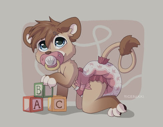 anthro blue_eyes clean_diaper clothed clothing crown diaper female hair headgear object_in_mouth pacifier pacifier_in_mouth pink_diaper princess royalty solo wearing_diaper young young_anthro tigerakki felid lion mammal pantherine hi_res