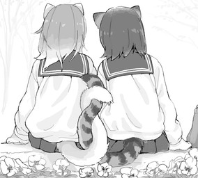 anthro bottomwear clothed clothing duo entwined_tails female female/female flower fully_clothed fur hair kemono outside plant purse rear_view romantic romantic_ambiance romantic_couple school_uniform shirt sitting skirt stripes tail tail_coil topwear tree uniform kikurage felid feline mammal 2015 archived_source digital_media_(artwork) greyscale monochrome