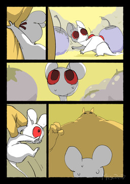 >_< ambiguous_feral ambiguous_gender big_eyes bodily_fluids constricted_pupils duo eyes_closed feral food fruit holding_character larger_ambiguous larger_feral looking_at_another looming mouthless plant pupils red_eyes size_difference small_pupils smaller_ambiguous smaller_feral sweat sweatdrop white_body yellow_body misoden rain_world videocult gourmand_(rain_world) lantern_mouse_(rain_world) mammal rodent slugcat 2023 absurd_res colored comic digital_media_(artwork) hi_res right_to_left signature