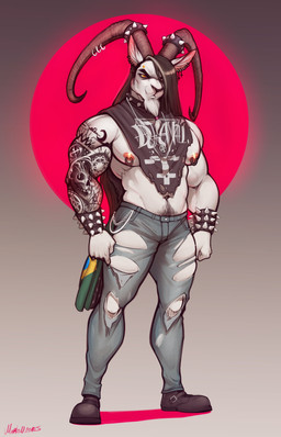 accessory alternative_fashion anthro arm_tattoo armband black_clothing black_hair black_shirt black_topwear body_hair bottomwear brazilian_flag clothing collar cross ear_piercing facial_hair footwear fur furgonomic_piercing furgonomics goatee goth hair happy_trail horn horn_accessory horn_piercing hornband inverted_cross inverted_pentagram jewelry long_hair long_horn male muscular muscular_anthro muscular_male necklace nipple_piercing nipple_ring nipples occult_symbol pants pecs pentagram piercing pubes punk ring_piercing shirt shoes sleeve_tattoo solo spiked_armband spikes standing symbol tattoo topwear torn_bottomwear torn_clothing torn_pants torn_shirt torn_topwear vein white_body white_fur marlon.cores bovid caprine goat ibex mammal absurd_res hi_res