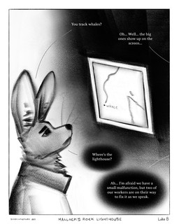 anthro big_ears black_nose border clothing collared_jacket dialogue eyebrows jacket looking_up looking_up_at_object male map neck_tuft screen solo speech_bubble text topwear tuft whiskers white_border sharkinthepark kennedy_(sharkinthepark) canid canine fox mammal 2025 4:5 absurd_res comic english_text greyscale hi_res monochrome