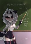 anthro biped bite biting_lip bodily_fluids clothed clothing erection female fingers fur genital_fluids genitals hair looking_at_viewer penis penis_drawing precum pupils question_mark red_sclera solo text white_body white_eyes white_fur white_hair jizoku helluva_boss mythology loona_(helluva_boss) canid canid_demon canine demon hellhound mammal mythological_canine mythological_creature 2025 absurd_res hi_res