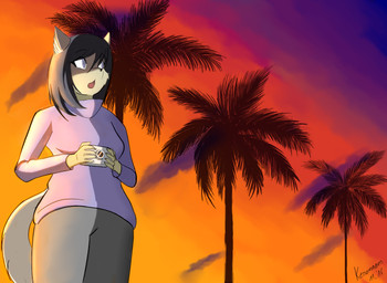 anthro black_hair blue_eyes breasts brown_body brown_fur camera clothed clothing cloud coconut_tree detailed_background female fruit_tree fur hair kemono long_hair multicolored_body multicolored_fur outside palm_tree plant seaside sky solo sunset tree two_tone_body two_tone_fur kenomaeon canid canine fox mammal 2016 digital_media_(artwork)