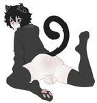 backsack balls big_balls big_butt black_clothing black_ears black_hair black_hoodie black_inner_ear_fluff black_legwear black_tail black_thigh_highs black_topwear blush bottomless butt clothed clothing eyebrows eyelashes femboy genital_raphe genitals hair hoodie inner_ear_fluff kneeling legwear long_tail looking_at_viewer looking_back looking_back_at_viewer male pale_skin paw_socks perineum raised_leg raphe_(anatomy) shaggy_hair simple_background solo tail thick_thighs thigh_highs thin_tail topwear tuft white_background white_body white_skin bro_aniki doomer_(meme) toebeanies doomer_(bro_aniki) doomer_boy animal_humanoid cat_humanoid felid felid_humanoid feline feline_humanoid humanoid mammal mammal_humanoid 2023 absurd_res alternate_version_at_source hi_res meme